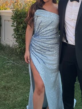 One-Shoulder Silver Sequin Evening Gown with Side Thigh Slit